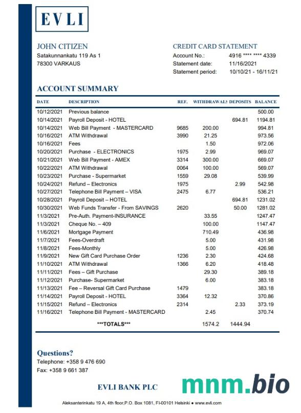 Finlandia Danske wyciąg bankowy łatwe do wypełnienia szablonu .xls i .format pliku pdf